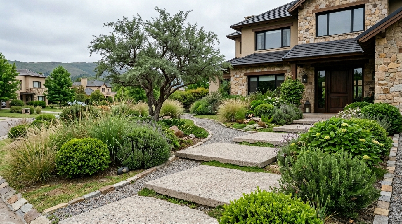 Diseño de jardín de entrada con gramíneas ornamentales y sendero de piedra · Córdoba